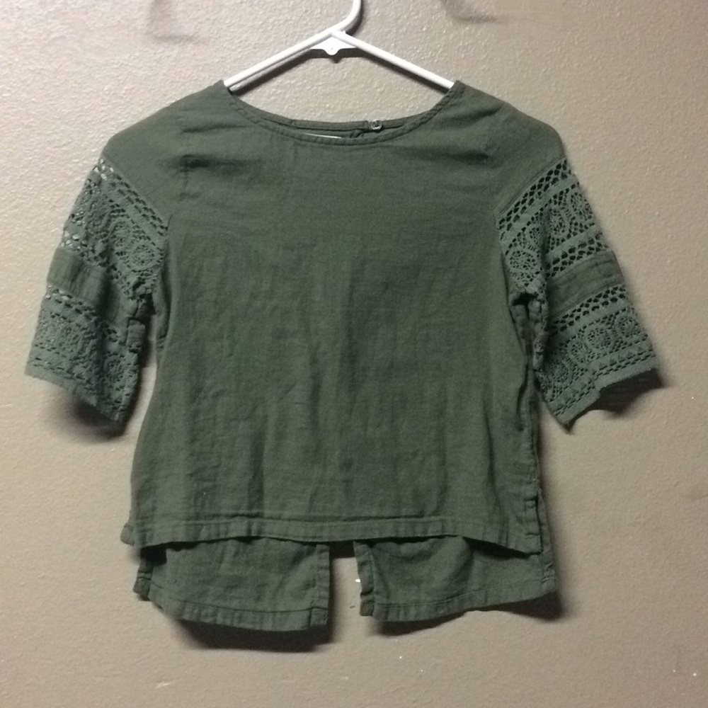Army Green three quarter sleeve top. Lacey sleeves